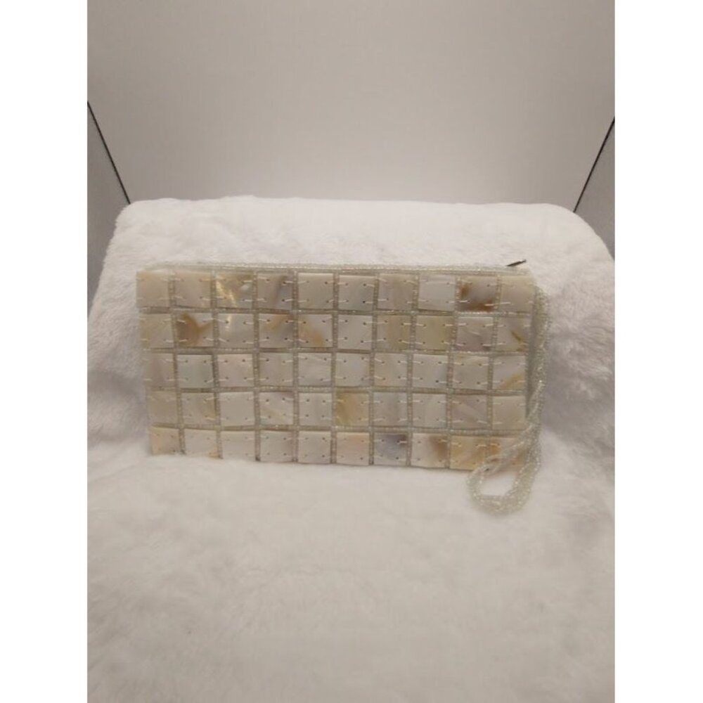 Elegant Mother of Pearl Beaded Satin Clutch Purse with Zipper & Wrist Strap